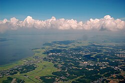 Miho Village as seen from the west. Lake Kasumigaura on the left.