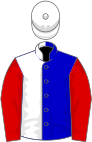 Blue and white (halved), red sleeves, white cap