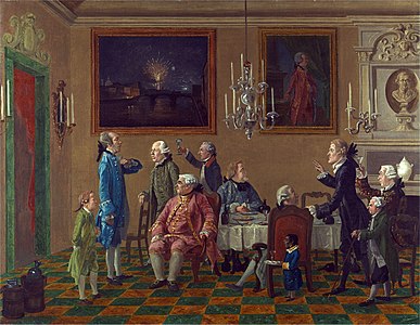 British Gentlemen at Sir Horace Mann's's Home in Florence (circa 1765), including John Tylney, 2nd Earl Tylney, by Thomas Patch; Yale Center for British Art, Paul Mellon Collection[4][6]