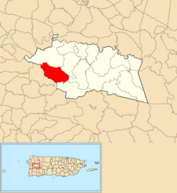 Location of Río Cañas within the municipality of Las Marías shown in red