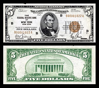 Five-dollar small-size banknote of the Federal Reserve Bank Notes, by the Bureau of Engraving and Printing