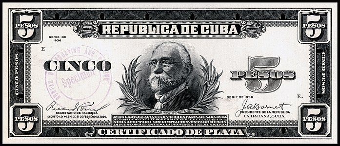 Five-peso silver certificate from the 1936 series, certified proof obverse, by the Bureau of Engraving and Printing