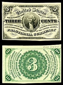 Third issue of the three-cent fractional currency, by the United States Department of the Treasury