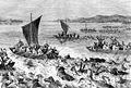 Bashi-bazouks, returning with the spoils from the Romanian shore of the Danube. 1877 engraving.