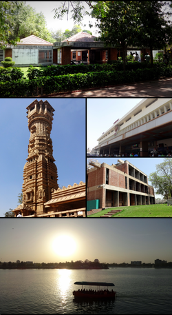 برخلاف عقربه‌های ساعت از بالا: Gandhi Smarak Sangrahalay در سابارماتی آشرام، ایستگاه راه‌آهن احمدآباد، دانشگاه سی‌ای‌پی‌تی، دریاچه کانکاریا و Kirti Stambh در معبد هوتیسینگ