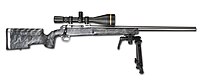 Um rifle da F-Class equipado com mira telescópica e bi-pé.