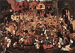 Pieter Brueghel den yngres kopia av Striden mellan fastlagen och fastan är utställd på Kungliga museet för sköna konster i Bryssel.