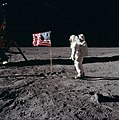 Image 42Astronaut Buzz Aldrin saluting the flag of the United States, part of the Lunar Flag Assembly, during Apollo 11. The Lunar Flag Assembly was designed to survive a Moon landing and to appear to "wave" as it would in a breeze on Earth. This flag fell over when the Lunar Module Eagle took off.