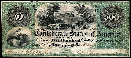 $500 Confederate States of America note from 1861, showing Ceres, cattle, and train vignette