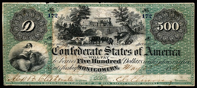 Five-hundred Confederate States dollar (T2), by the National Bank Note Company