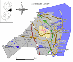 Location of Colts Neck Township in Monmouth County highlighted in yellow (right). Inset map: Location of Monmouth County in New Jersey highlighted in black (left).