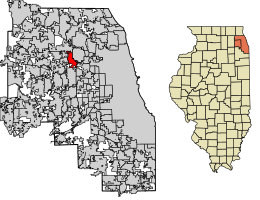 Location of Bensenville in DuPage County and Cook County, Illinois.