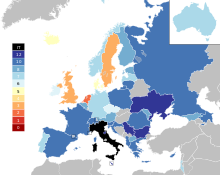 Political map of Europe with countries coloured by the number of points were awarded to Italy through televoting, with dark blue being twelve points and dark red being zero points. In general, most countries are coloured blue, with only the Netherlands, Sweden and the United Kingdom in red.