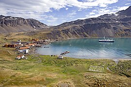 Grytviken Harbour, showing the whaling station, church and cemetery with Shackleton's grave