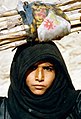 A Yemeni woman carries millet straw from the fields to the village. Yemen, 1972