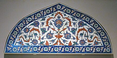Iznik tiled lunette panel that may have come from the Piyale Pasha Mosque in Istanbul, 1570-1575, in the Victoria and Albert Museum in London