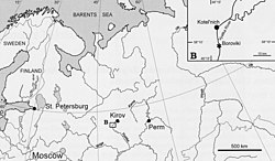 Carte montrant la localité de Kotelnich, en Russie, où Nochnitsa a été découvert.