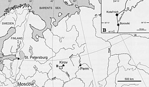 Carte montrant la localité de Kotelnich, en Russie, où Viatkogorgon a été découvert.