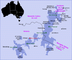 Carte des Alpes australiennes ; le mont Bogong est repéré en rouge