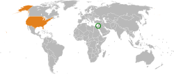 Map indicating locations of Palestine and USA