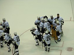 Photo des joueurs des Penguins se congratulant sur la glace.