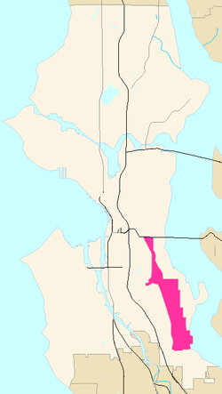 Map of Seattle with the general boundaries of Rainier Valley highlighted