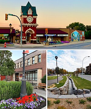 Clockwise from top: The Steinbach Millennium Clock Tower in downtown Steinbach, the historic Stony Brook and the Steinbach Post Office.