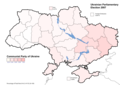 A map showing the results of the Communist Party of Ukraine (change in voter percentage from 2006) per region for the 2007 parliamentary election