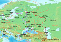 Major Rus' trade routes – the Volga trade route (red), from the Varangians to the Greeks (purple). Other routes of the 8th–11th centuries (orange).