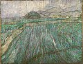 Image 2 Rain Painting credit: Vincent van Gogh Rain is an oil-on-canvas painting by Dutch painter Vincent van Gogh, part of The Wheat Field, a series that he executed in 1889 while a voluntary patient in the Saint-Paul asylum near Saint-Rémy-de-Provence, France. Through his cell window on the upper floor, he could see an enclosed wheat field, and he made about a dozen paintings of it over the changing seasons. In this work, he represented falling rain with diagonal lines of paint. The style is reminiscent of Japanese prints, but the effect is stylistically personal to Van Gogh. Seen through his rain-splattered window, he shows its bleak aspect in November, with grey clouds overhead and the wheat already harvested. The painting is now in the collection of the Philadelphia Museum of Art.