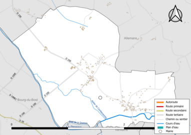 Carte en couleur présentant le réseau hydrographique de la commune