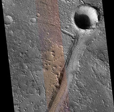 Ridges. A channel that has transverse aeolian ridges on the foor is also visible.