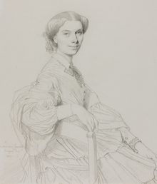 pencil drawing of seated young woman with dark hair looking towards the viewer