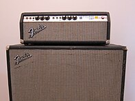 Fender Silverface Bassman amp AB165 with 2X15" speaker cabinet.