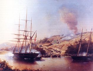 Belgian and French warships during the Rio Nuñez Incident, Paul Jean Clays, c. 1850