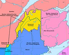 Frontière contestée. La ligne hachurée verte indique la frontière établie par le traité en 1842.