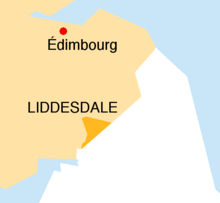 Schéma très simplifié de la frontière de l'Écosse et de l'Angleterre. Seule ville indiquée : Édimbourg. Le Liddesdale est un petit triangle à la frontière.