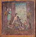 Image 37Female painter sitting on a campstool and painting a statue of Dionysus or Priapus onto a panel which is held by a boy. Fresco from Pompeii, 1st century (from Painting)