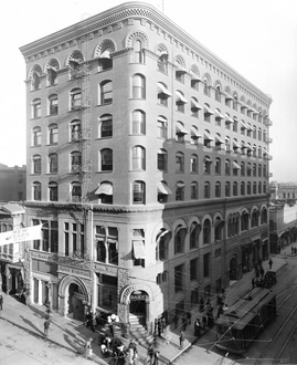 1902 photo of the Burdick Block, on the NE corner of 2nd & Spring, built 1888; top floors added 1900.
