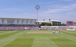 A photograph of the England cricket team playing New Zealand at Trent Bridge in 2008.