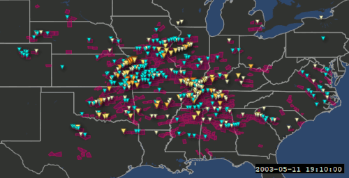 Animation showing all confirmed tornadoes and their intensities during the outbreak and tornado warnings issued by the National Weather Service. Concentrations of tornadoes occurred along the Kansas–Missouri border and at the confluence of the Mississippi and Ohio Rivers.
