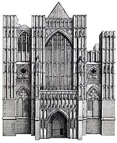 A black and white engraving of Westminster Abbey's western facade without towers