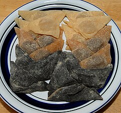 Assorted nama yatsuhashi; flavors, from top to bottom: tofu, cinnamon, sesame