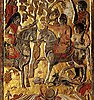Panel from the Tomb of Anjia, a Sogdian trader (right), who is shown welcoming a Turkic leader (left, with long hair combed in the back). 579 CE, Xi'an, China.[85][28]
