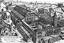 Old St Peter's, Rome, as the 4th-century basilica had developed by the mid-15th century, in a 19th-century reconstruction