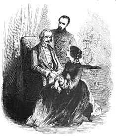 Maximilien Morrel durant l'une des deux visites hebdomadaires que lui ont accordé Noirtier et Valentine. Valentine a le teint malade et a un éblouissement après avoir bu un verre d'eau qui a le goût amer du médicament que Noirtier lui fait prendre.