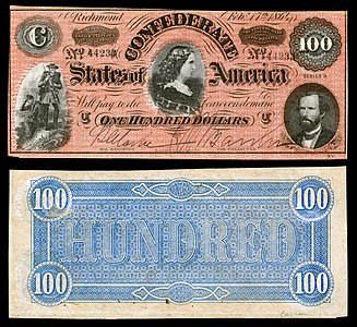 One-hundred Confederate States dollar (T65), by Keatinge & Ball