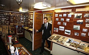 Dmitry Medvedev visiting ship's museum aboard the cruiser Varyag.