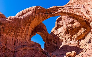 A view of Double Arch, in Arches National Park, Utah, USA near Moab, Utah