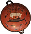 The Dionysus Cup, painted by the Athenian Exekias around 530 BCE, possibly showing the narrative of the seventh Homeric Hymn